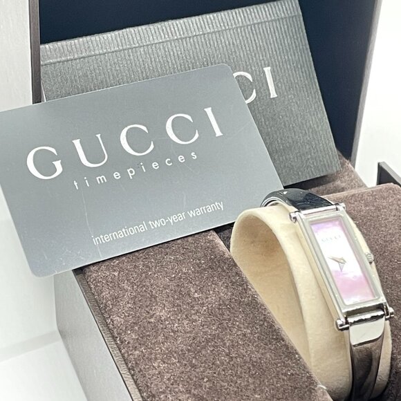 Gucci Pink Mother of Pearl Horsebit Silver Watch in original Box w/ Cards - Picture 8 of 11